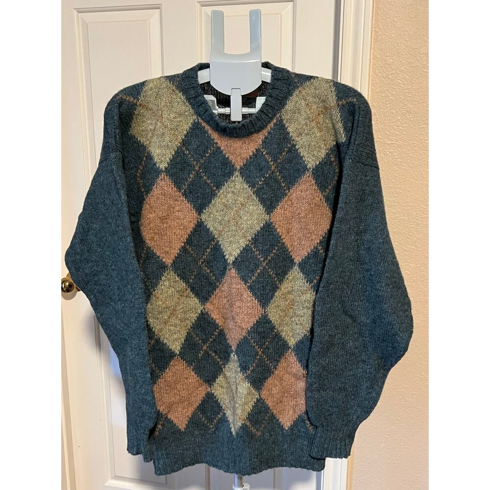 Vintage Wool McGeorge Shetland Sweater Mens Large Blue Argyle Scotland 80s 90s